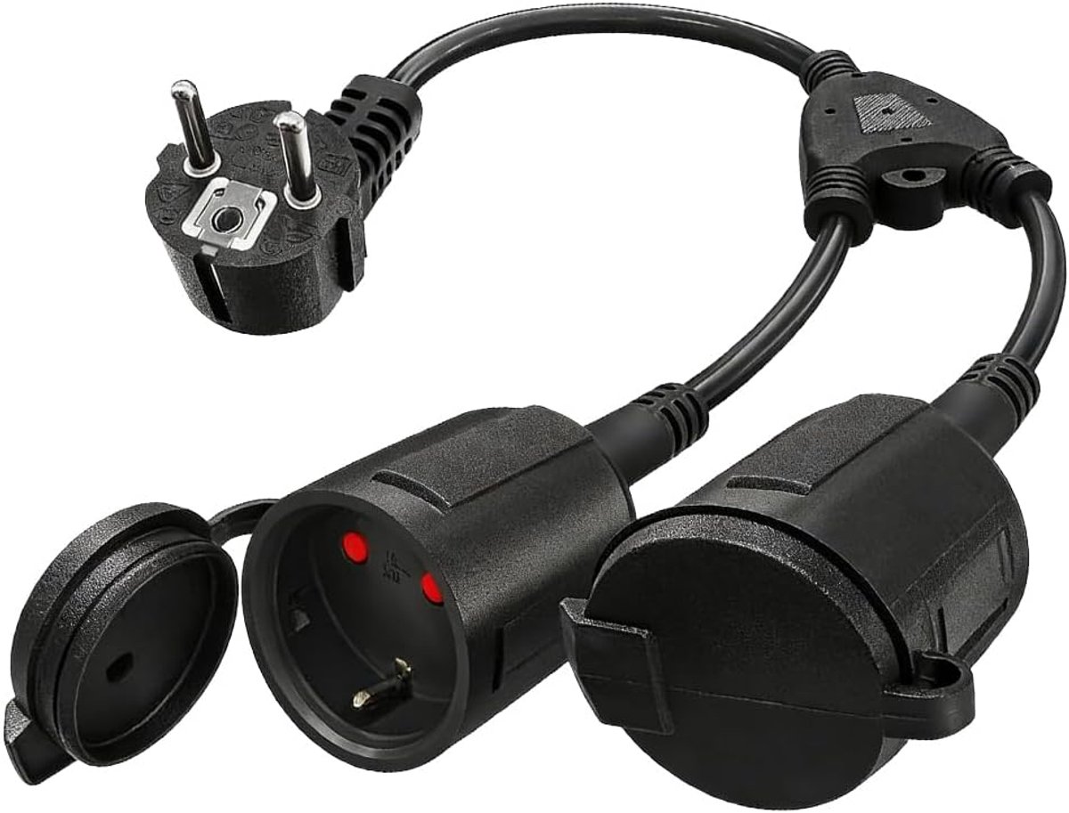 SnelShoppen - Double Plug voor Socket, Waterdichte 2-Way Schuko Stekkers, IP44 Geaard, Perfect voor Thuis, Kantoor en Buiten, 1.5 mm², 16 A/250 V