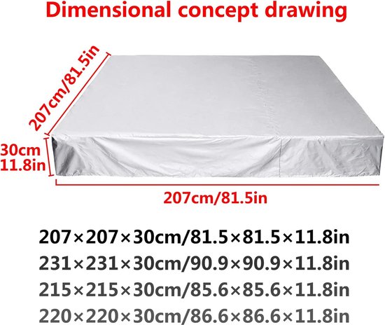 Concepttekening met afmetingen voor een rechthoekige spa cover: 207x207x30cm.