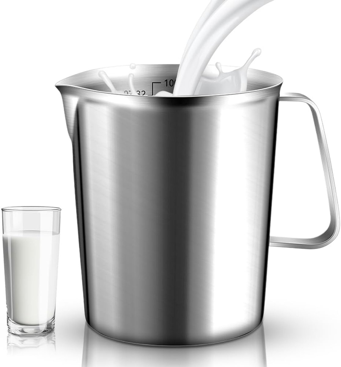SnelShoppen - RVS Maatbeker 1 Liter, Met Handvat, Voor Melkschuim en Vloeistofmeting, 3 Meetwaarden (ml, Oz, Cup), BPA Vrij, Duurzaam en Breukvast
