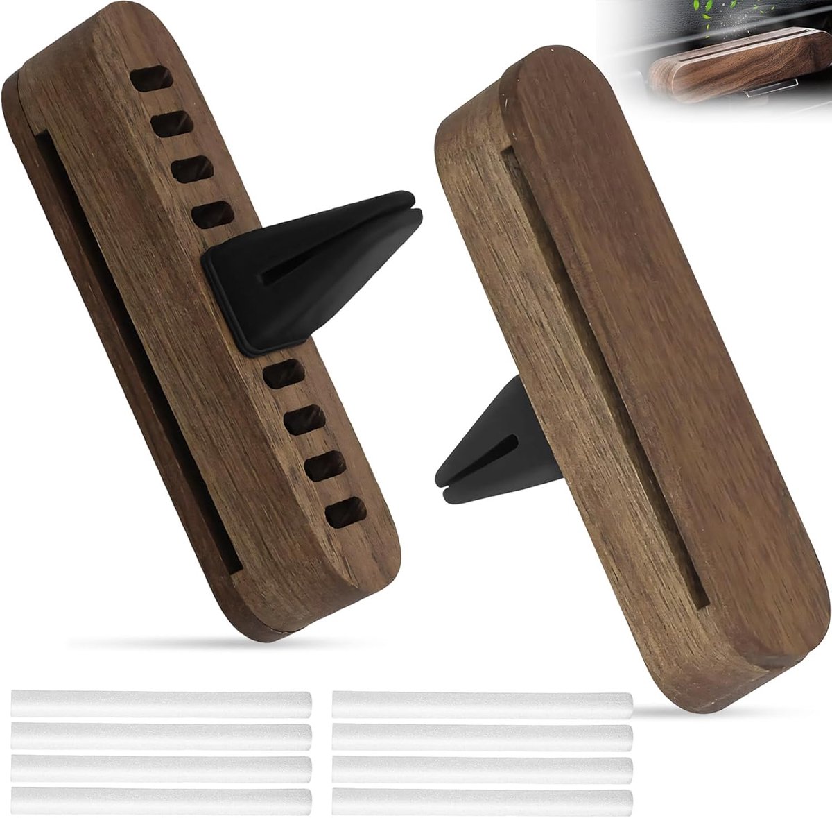 SnelShoppen - 2 Houten Geurdispensers voor de Auto met 8 Navulpads - Luchtverfrisser, Aroma-Diffuser, Etherische Olie, Aromatherapie, Ventilatieclip,
