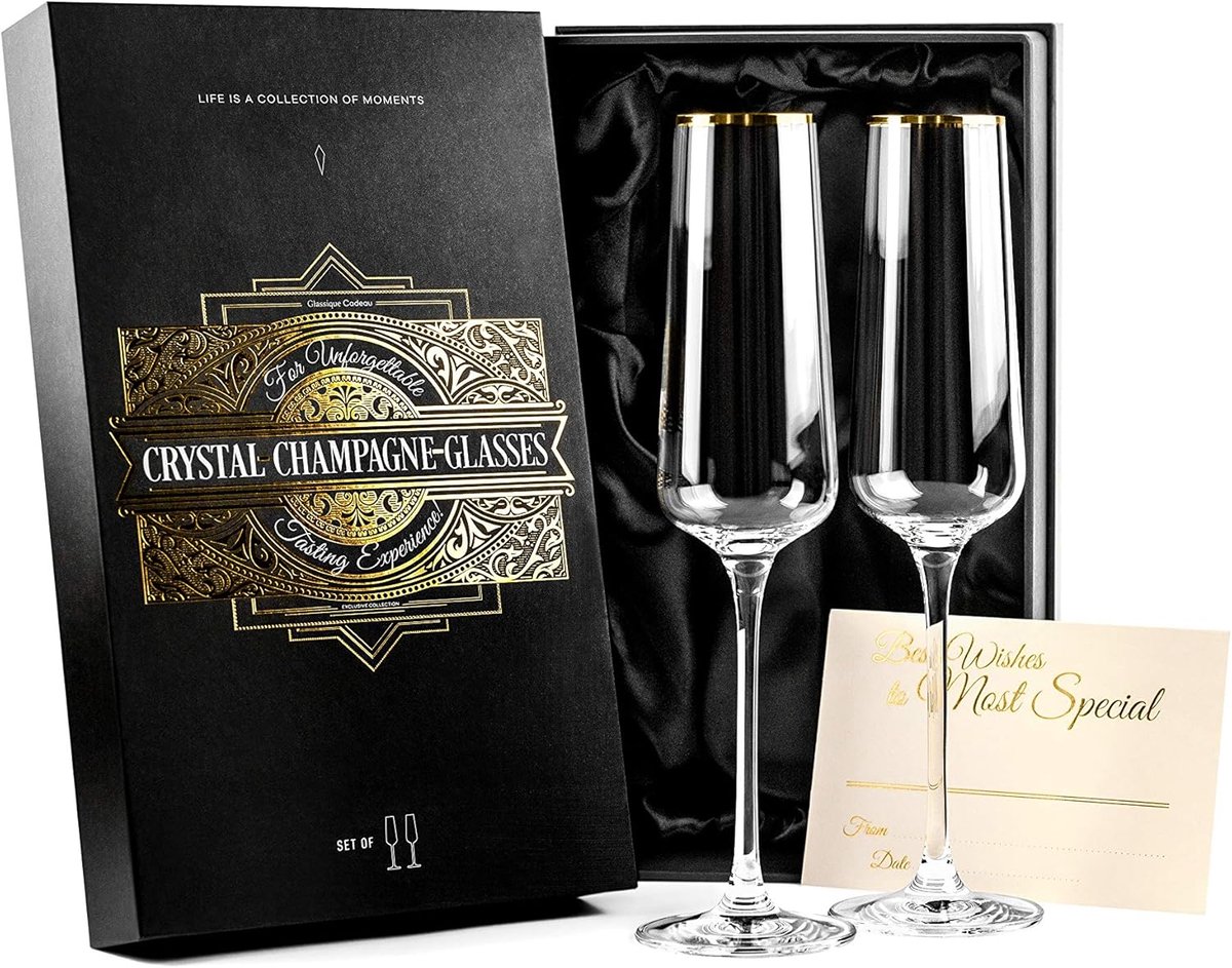 SnelShoppen - Set van 2 Gold Rim Champagne Glazen - Crystal Toasting Flutes met Lange Steel voor Bruid en Bruidegom - Perfect voor Bruiloft, Verjaarda