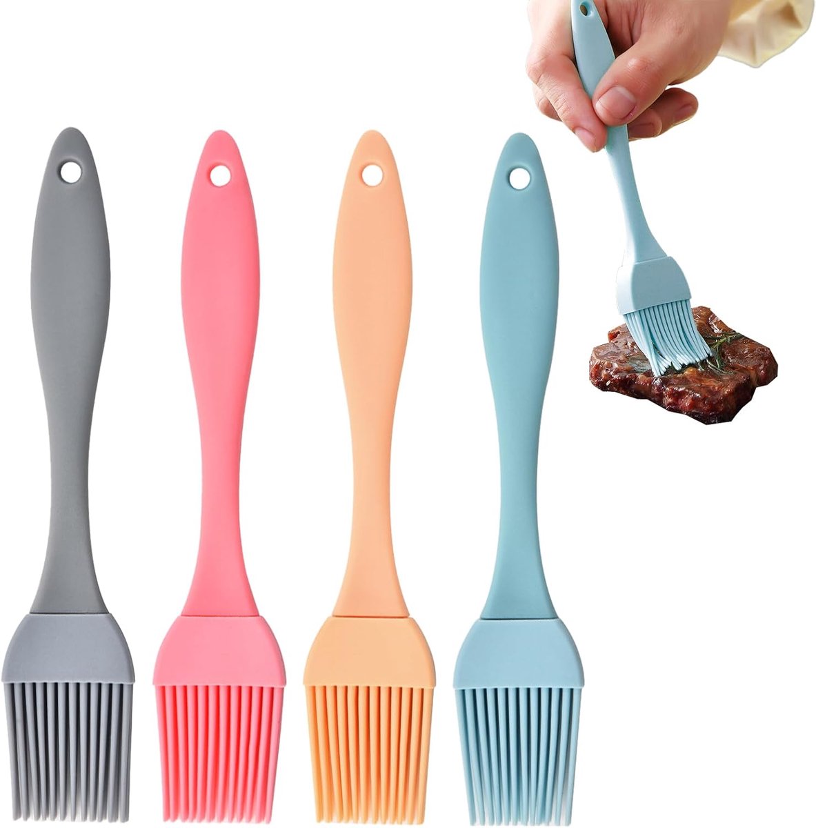 SnelShoppen - 4-delige Silicone Bakkwast Set - Koken, Grillen, Bakken, Keukenaccessoires in Grijs, Roze, Abrikoos en Blauw - Ergonomisch en veelzijdig