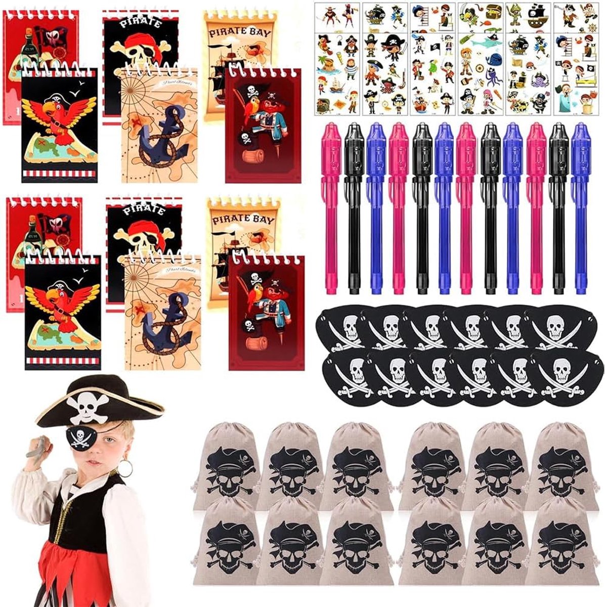 SnelShoppen - 60 Stuks Piraten Kinder Verjaardag Speelgoed, Piratenfeest Geschenken, Party Decoratie, Kinderen, Feest, Avontuur, Set met Tassen, Notit