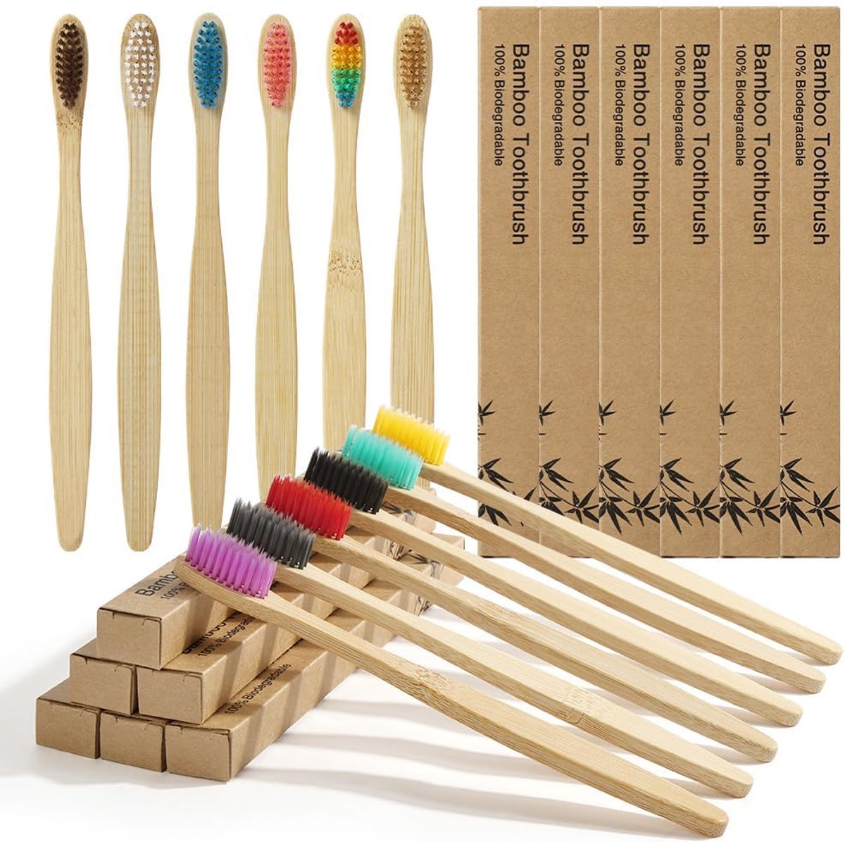 SnelShoppen - 12-pak Biologische Bamboo Tandenborstels, Eco-vriendelijk en Biologisch Afbreekbaar, Premium Houten Tandenborstels in Kleuren voor Volwa