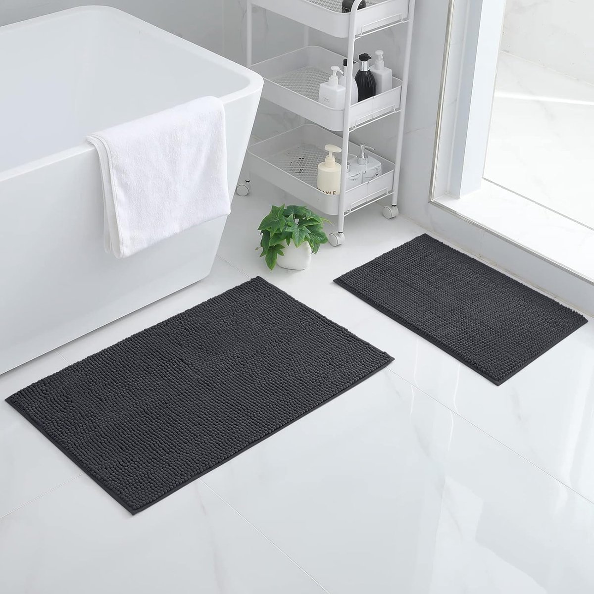 SnelShoppen - Chenille Badmat Set 2-delig - Antislip Badkamer Tapijt Set - Zacht en Absorberend - Wasbaar - 40x60cm + 50x80cm - Donkergrijs