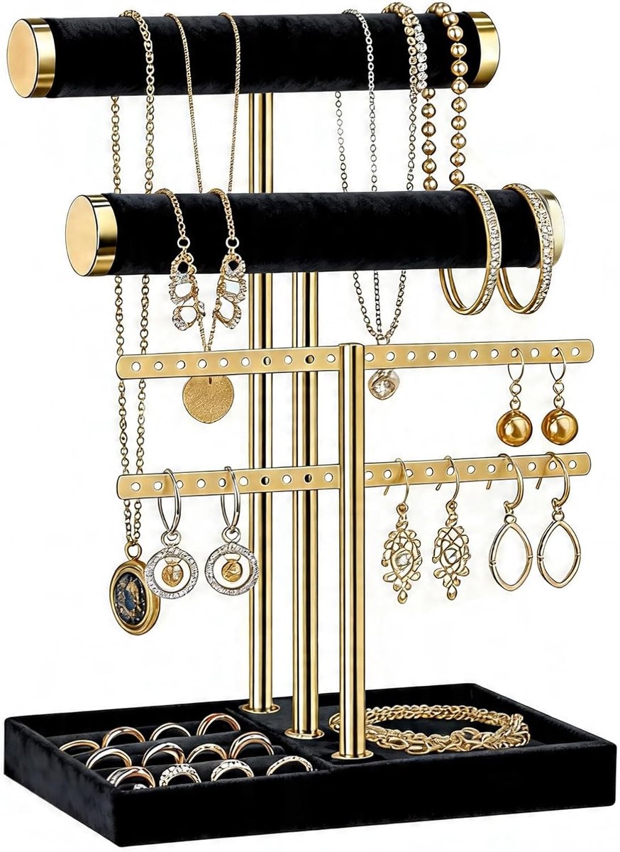 SnelShoppen - 4-laagse Sieraden Organizer met Verwijderbare T-Brug en Velvet Armband Houder - Sieraden Display voor Kettingen, Armbanden, Horloges, Ri