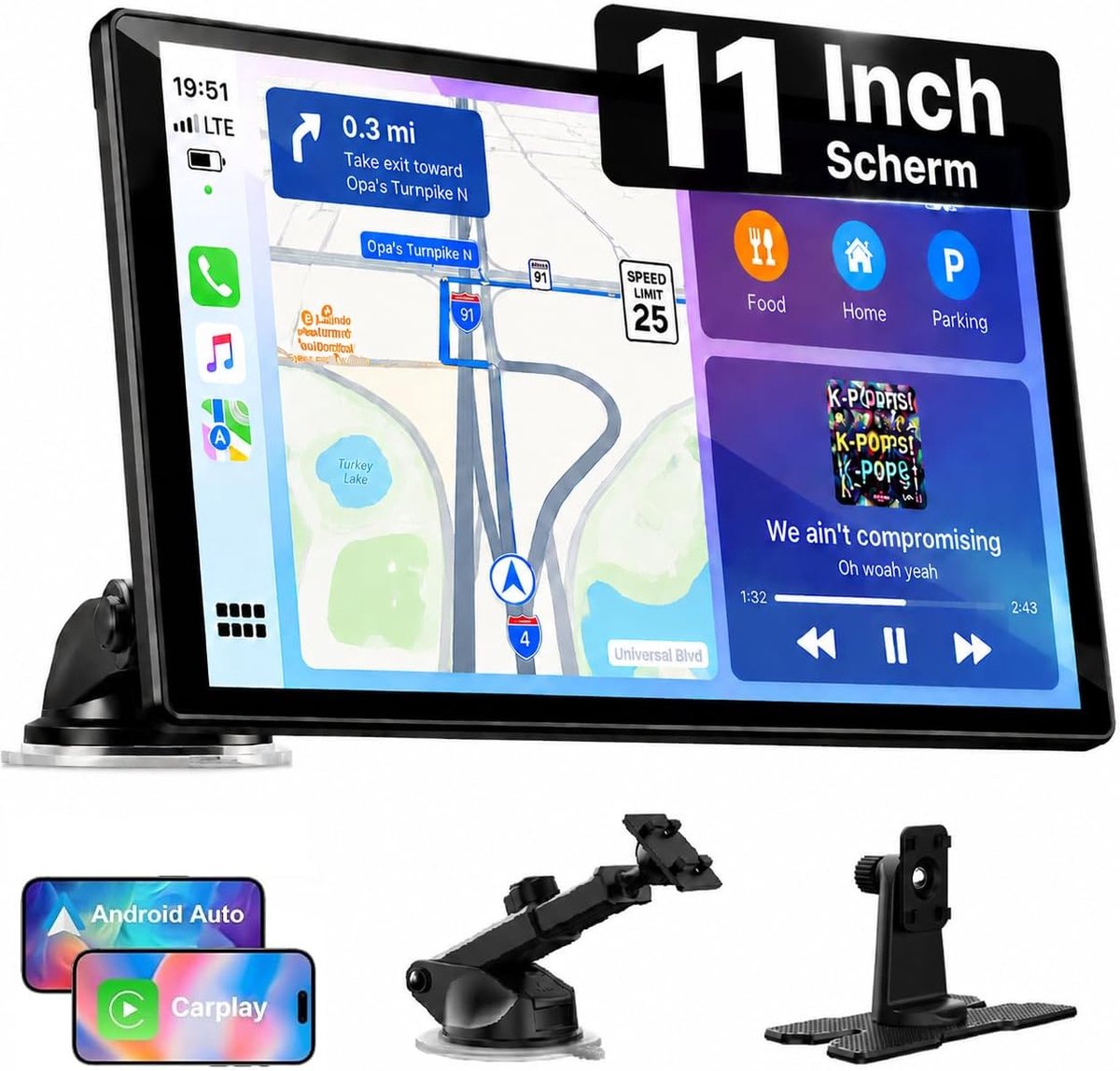 SnelShoppen - 11 Inch Draadloze CarPlay Scherm 2026 Upgrade voor Auto - Draagbare Auto Stereo Display met GPS Navigatie, Bluetooth, AirPlay, AUX, Univ
