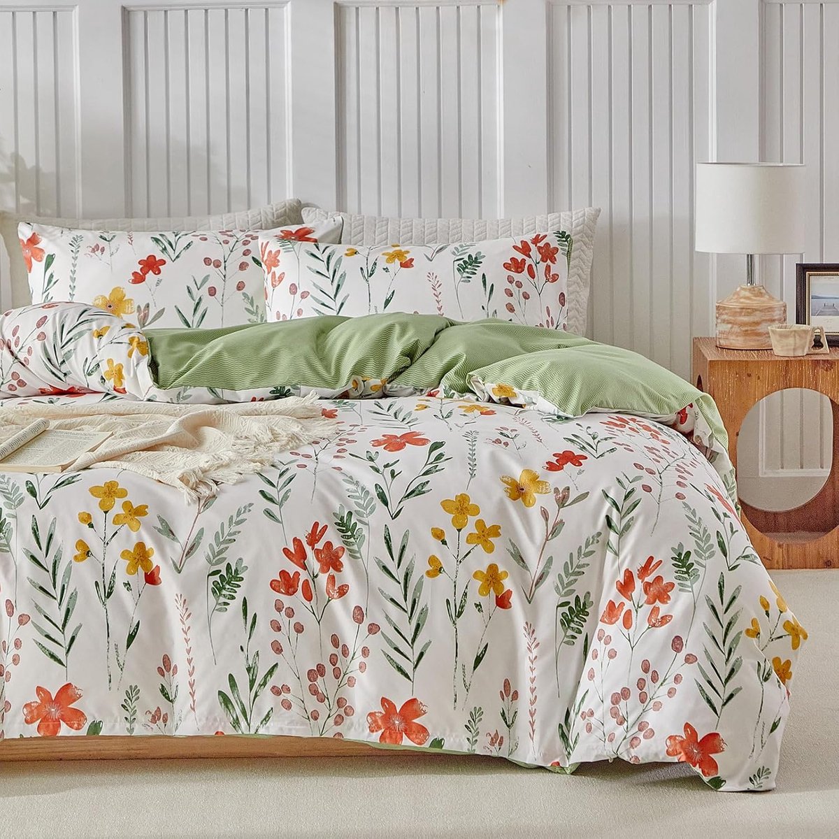 SnelShoppen - Bedding Set 240x220 cm - 3-Delig Microfiber Bloemen Dekbedovertrek met Rits, Ademend, Groene Kleur, Inclusief 2 Kussenslopen 50x75 cm, P