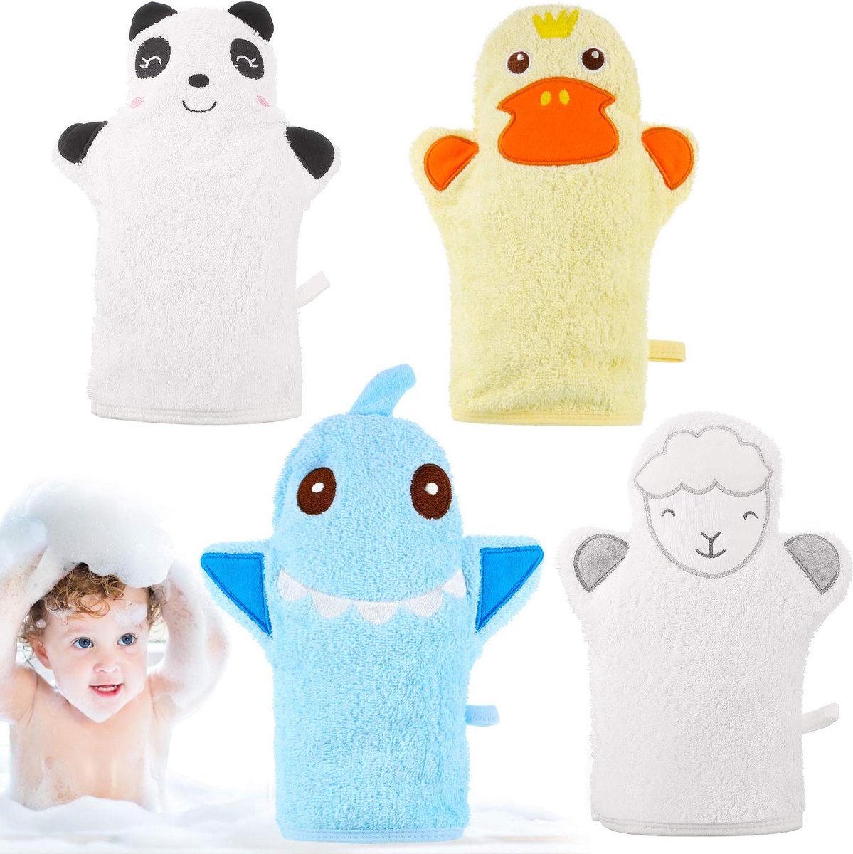 SnelShoppen - 4 Stuks Baby Bad Handschoenen Wasdoeken in Schattige Dierstijl - Geel Eend, Witte Schaap, Witte Panda, Blauw Haai - Zachte Katoenen Scru