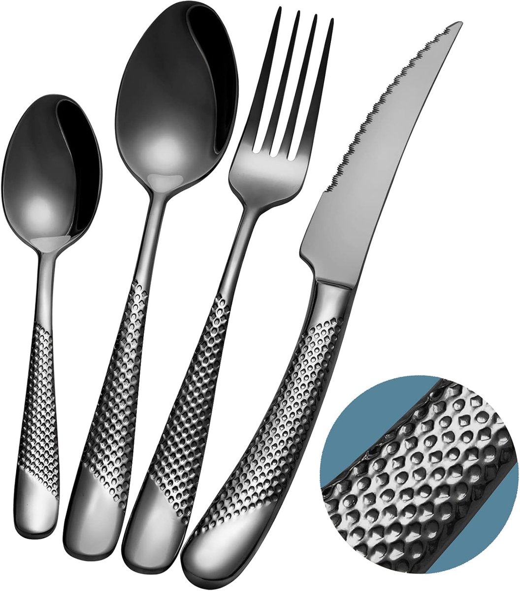 SnelShoppen - 24-delige Hammered Bestekset in Modern Zwart met Ultra-Scherpe 2-in-1 Getande Messen, RVS 18/10, Compleet Bestek voor 6 Personen, Perfec