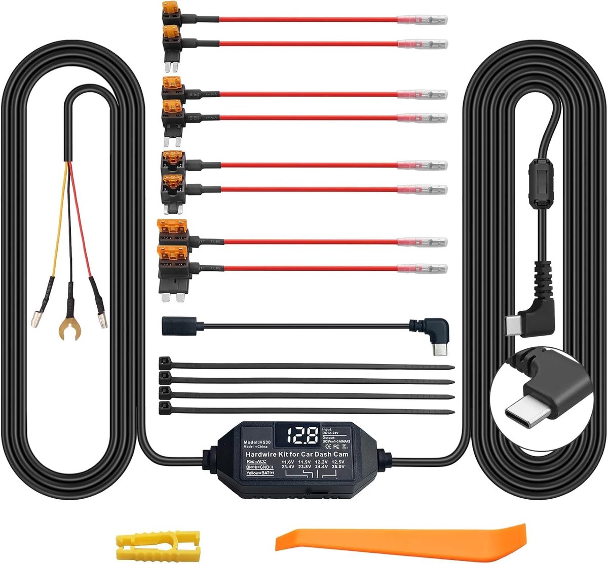 SnelShoppen - Dashcam Hardwire Kit 12V-24V USB Type-C met Voltage Scherm en 4 Instelbare Spanningsniveaus voor Auto Dashcam en GPS