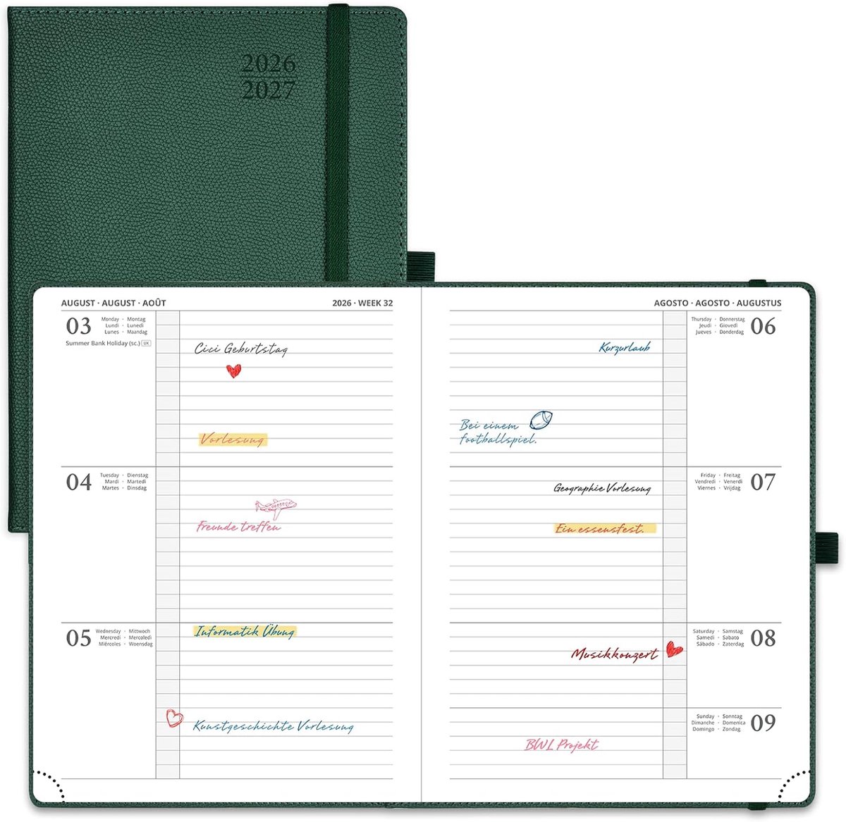 SnelShoppen - POPRUN Kalender 2026 2027 Horizontaal Wochenplaner - 17-Maanden Organiser - PU-leer - Forest Green - 22x16.5cm - Weekindeling - Perfect