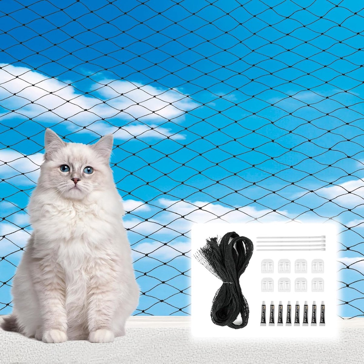 SnelShoppen - Kattennet voor Balkon 3 x 5 m - Duurzaam HDPE - Geen Boren, Zelfklevende Haken, Siliconen Lijm & Kabelbinders - Versterkt & Weerbestendi