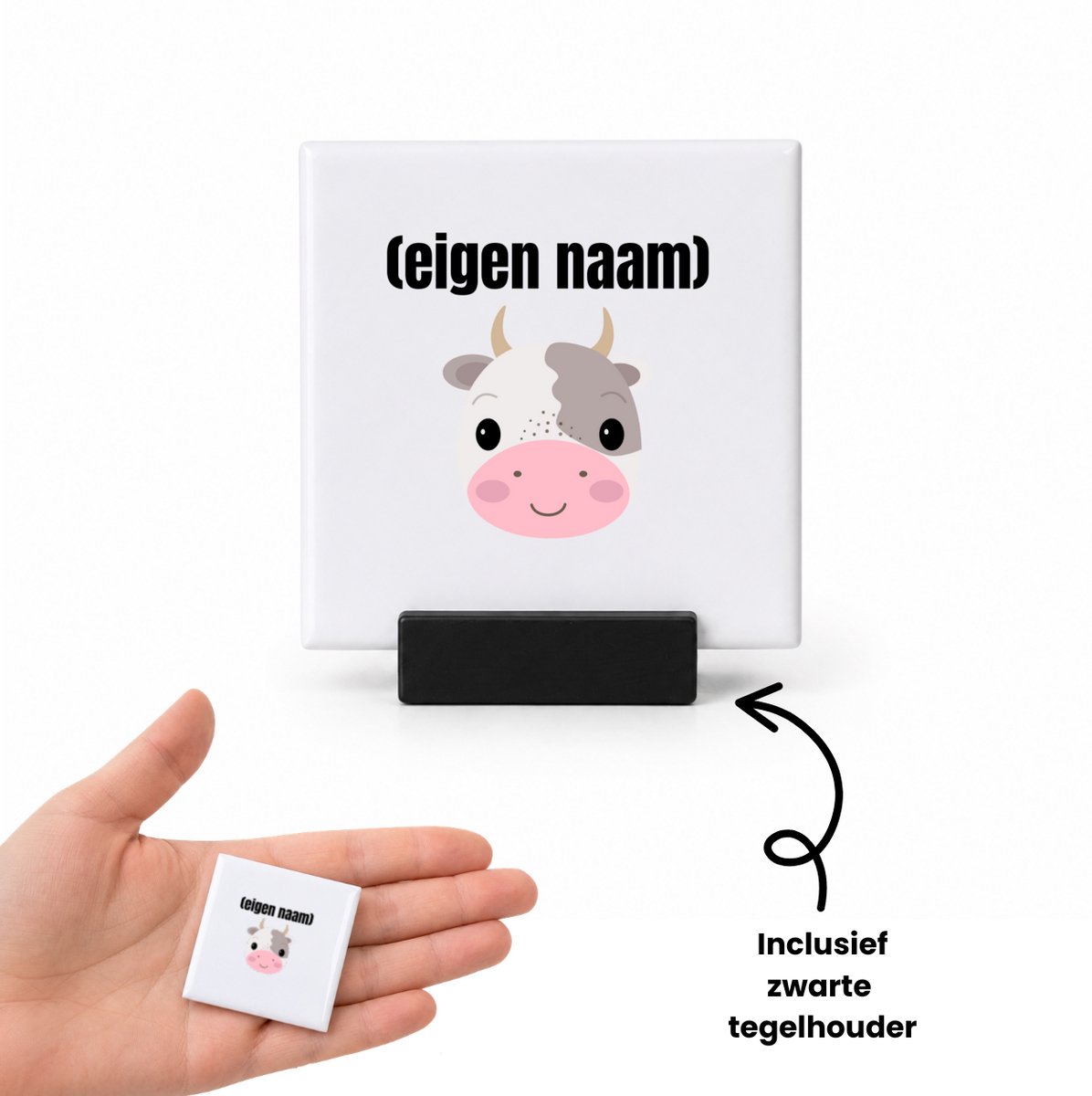 Hacebo koeienkop met eigen naam tegeltje met tegelhouder - Koe - boeren/koeien liefhebbers - tegeltjes met tekst - iemand die houdt van koeien - verjaardag - cadeau - kado - spreuktegels - 4.8x4.8 CM Wit