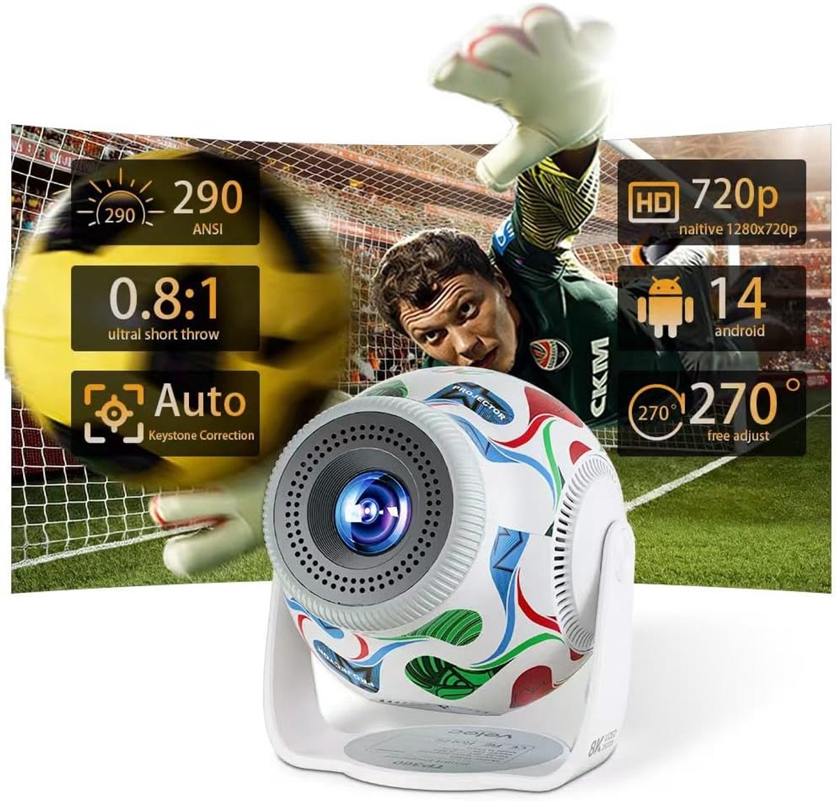 SnelShoppen - 2026 Mini Projector, Draagbare Projector met 8K Ondersteuning, 290 ANSI Lumens, Wi-Fi 6, Bluetooth 5.4, Automatische Verticale Keystone