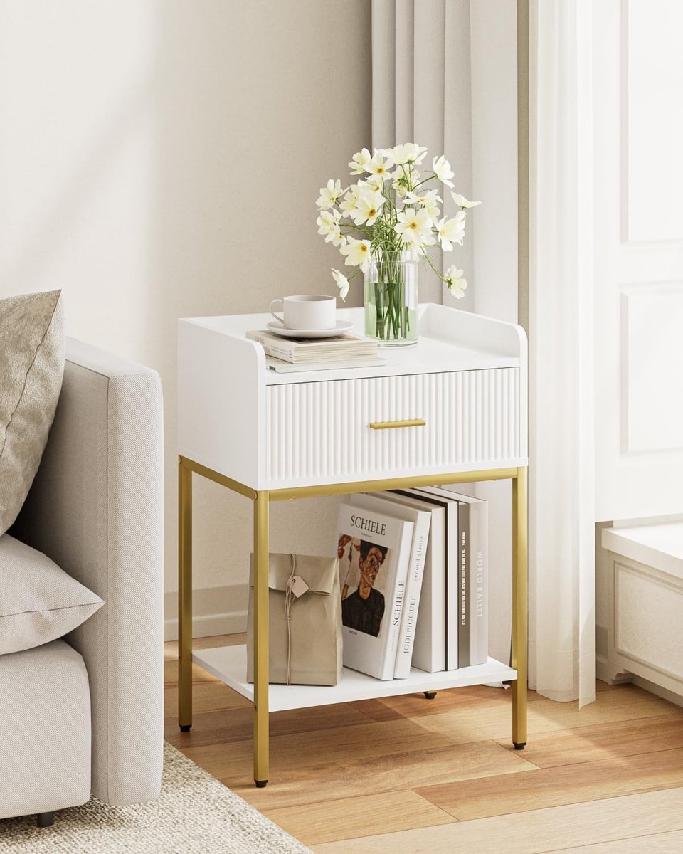 SnelShoppen - Moderne Bedside Table voor Kleine Ruimtes, Wit Nachtkastje met Lade en Open Planken, Perfect voor Slaapkamer en Woonkamer