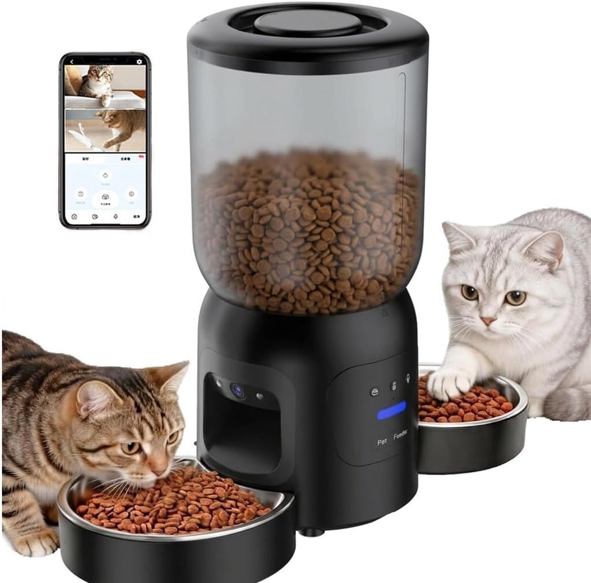 SnelShoppen - Automatische Katten Voederautomaat PF5-6L met Dual 2K WiFi Camera, RVS Voederbak, Programmeerbaar & Portionable, Inclusief Reservebatter