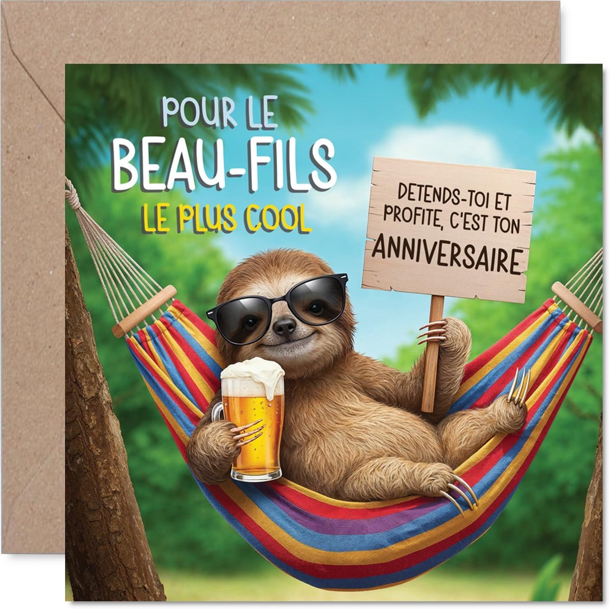 SnelShoppen - Drôle Carte d'anniversaire voor Beau-fils - Paresseux met Lunettes en Bière, 145 mm Vierkante Kaart, Inclusief Enveloppe, Perfect voor F