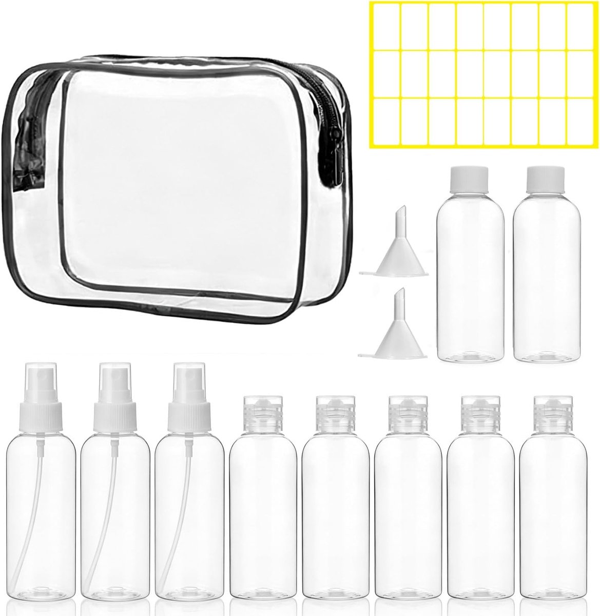 SnelShoppen - 10pcs Refillable Travel Toiletries Set 100ml - Leak-proof Makeup Containers, Flip Top, Screw Cap & Spray Bottles met Label, Funnel & Toi