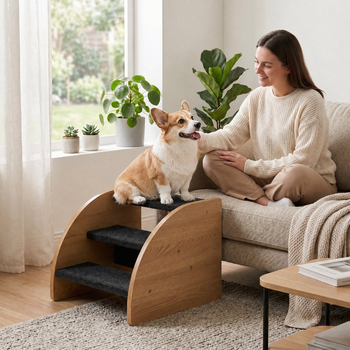 FloraGrace Loopplank – Antislip Treden Met Lage Opstap – Polyester – Grijs – Voor Katten En Honden Bij Bank, Bed Of Vensterbank