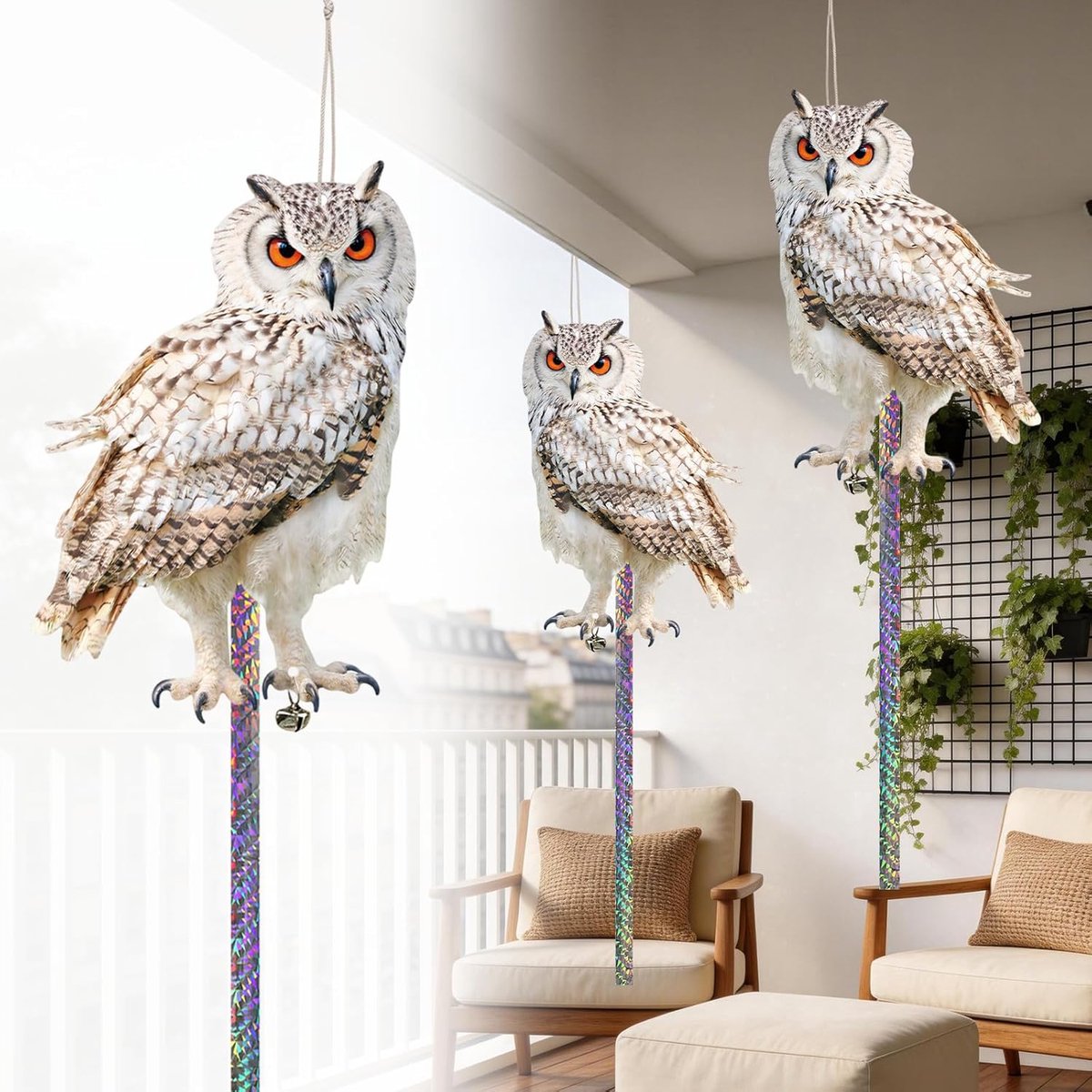 SnelShoppen - 5 Stuks Duivenafweer Balkon - Effectieve Vogelverschrikking met Hangende Uilen Nep van Karton - Duivenverschrikker voor Terras, Veranda