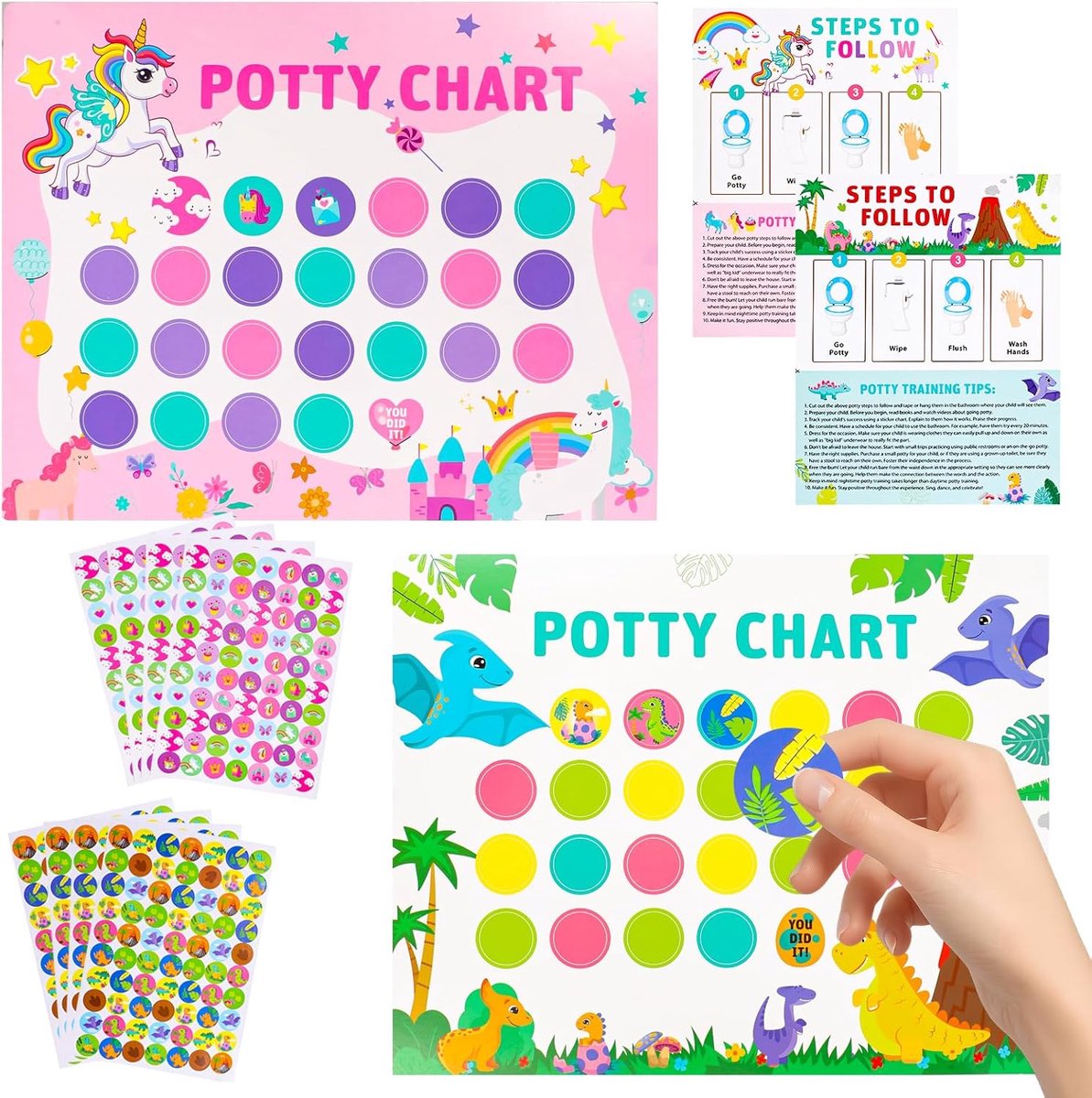 SnelShoppen - Potty Training voor Peuters - 30 Stuks - 2 Leuke Stijlen - Potty Stickers en Beloningskaart - Regenwoud Dinosaurus en Roze Eenhoorn - Mo