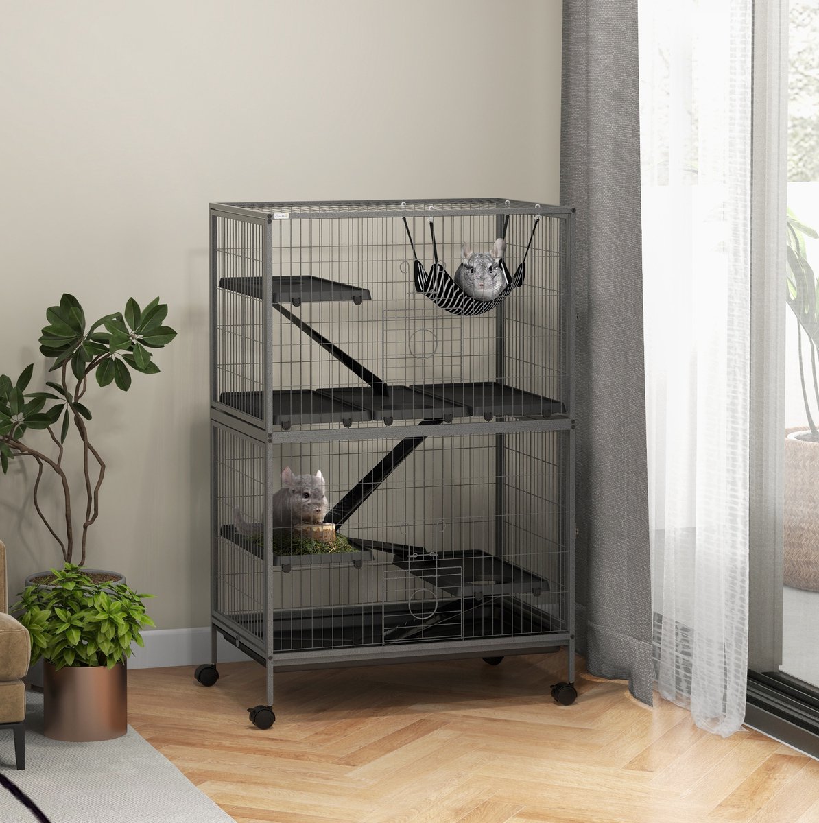 MODENUIT Knaagdierkooi – 80 x 52 x 128 cm – 4 Niveaus – Staal – Grijs – 4 Deuren en Wielen