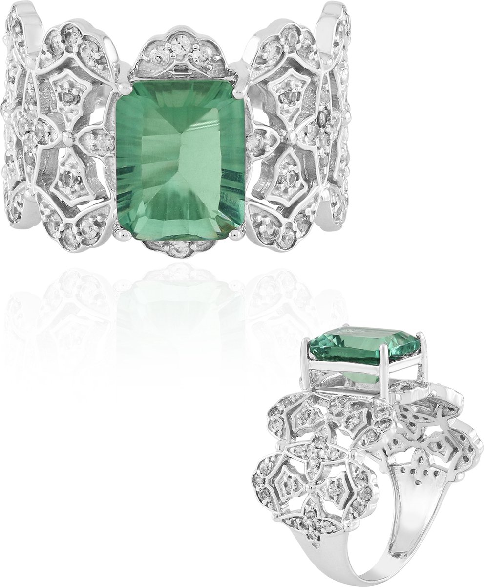 Cavill - Elegante Zilveren Ring - 925 Sterling Zilver Gerhodineerd - 2,659 ct Groene Fluoriet Achthoek - 64 Zirkonia's Pavé - Luxe Damesring