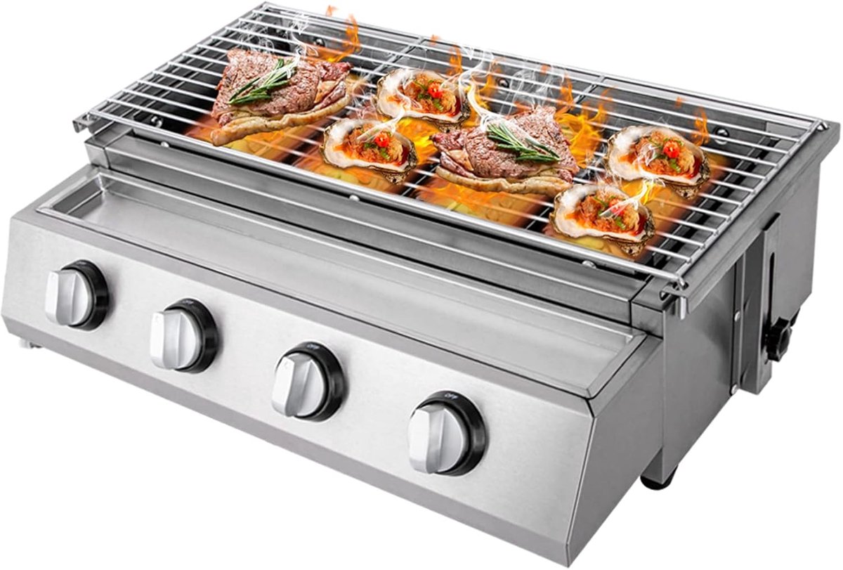 SnelShoppen - Draagbare 4-branders Propaangasgrill - RVS BBQ voor Tuin, Patio, Camping en Buiten - Afneembare Grill voor Feest en Koken