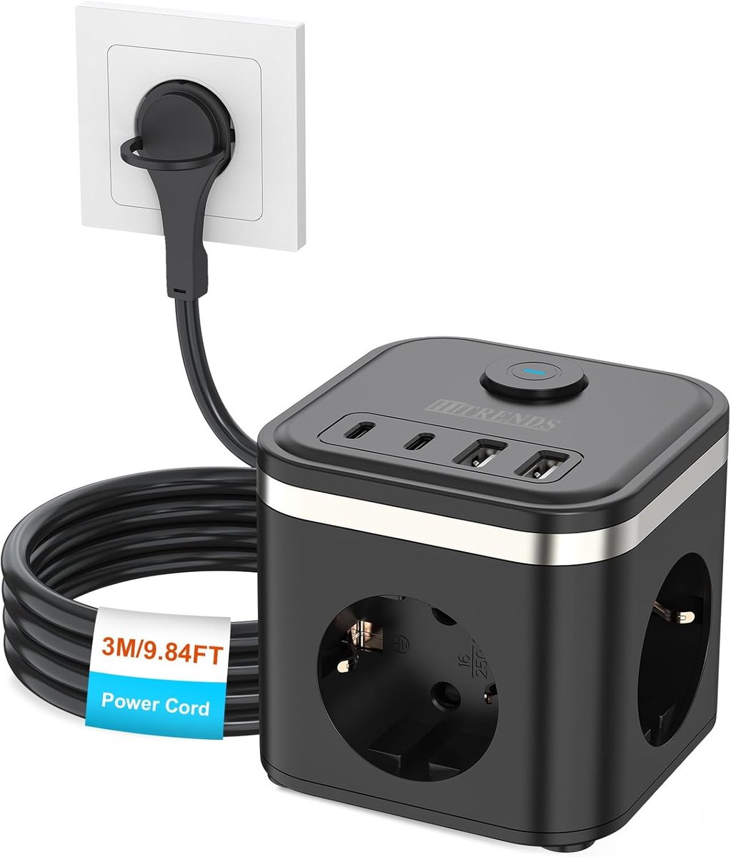 SnelShoppen - Stekkerkubus met USB en USB-C, 3-voudig stopcontact met schakelaar, draagbare PD-oplader voor MacBook, iPad, iPhone, Galaxy S25 Ultra, 3