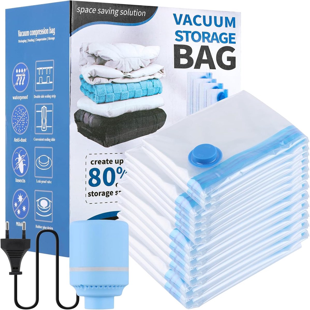 SnelShoppen - Vacuümzakken met Elektrische Pomp - 12 Stuks Kleding Opbergzakken (2x 60x40 cm, 4x 70x50 cm, 4x 80x60 cm, 2x 100x80 cm) voor Dekbedden,