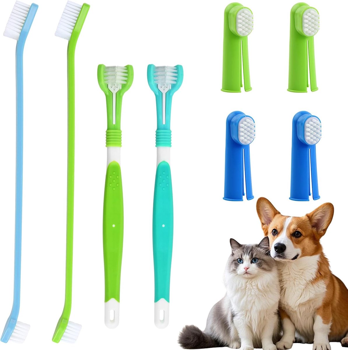 SnelShoppen - Tandenborstelset voor Honden en Katten - 2 Drievoudige Tandenborstels, 4 Vingertandenborstels en 2 Dubbele Tandenborstels - Voor Frisse