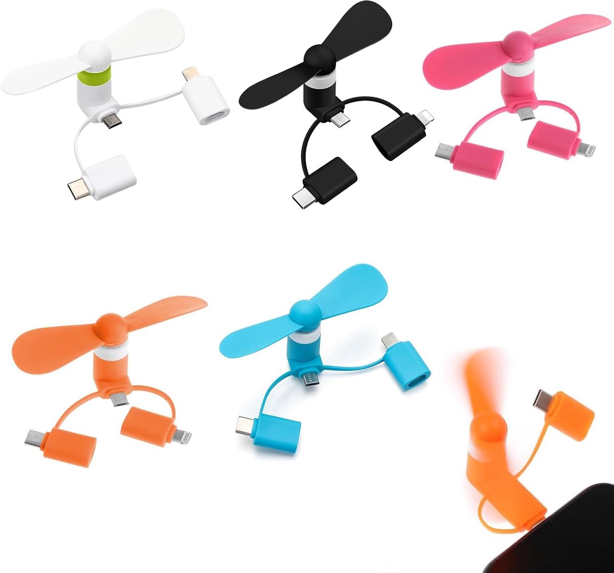 SnelShoppen - Mini USB Ventilator voor Mobiele Telefoon - Draagbare 3-in-1 Ventilator voor iPhone en Android - 5 Stuks - Perfect voor Warmte, Feest, C