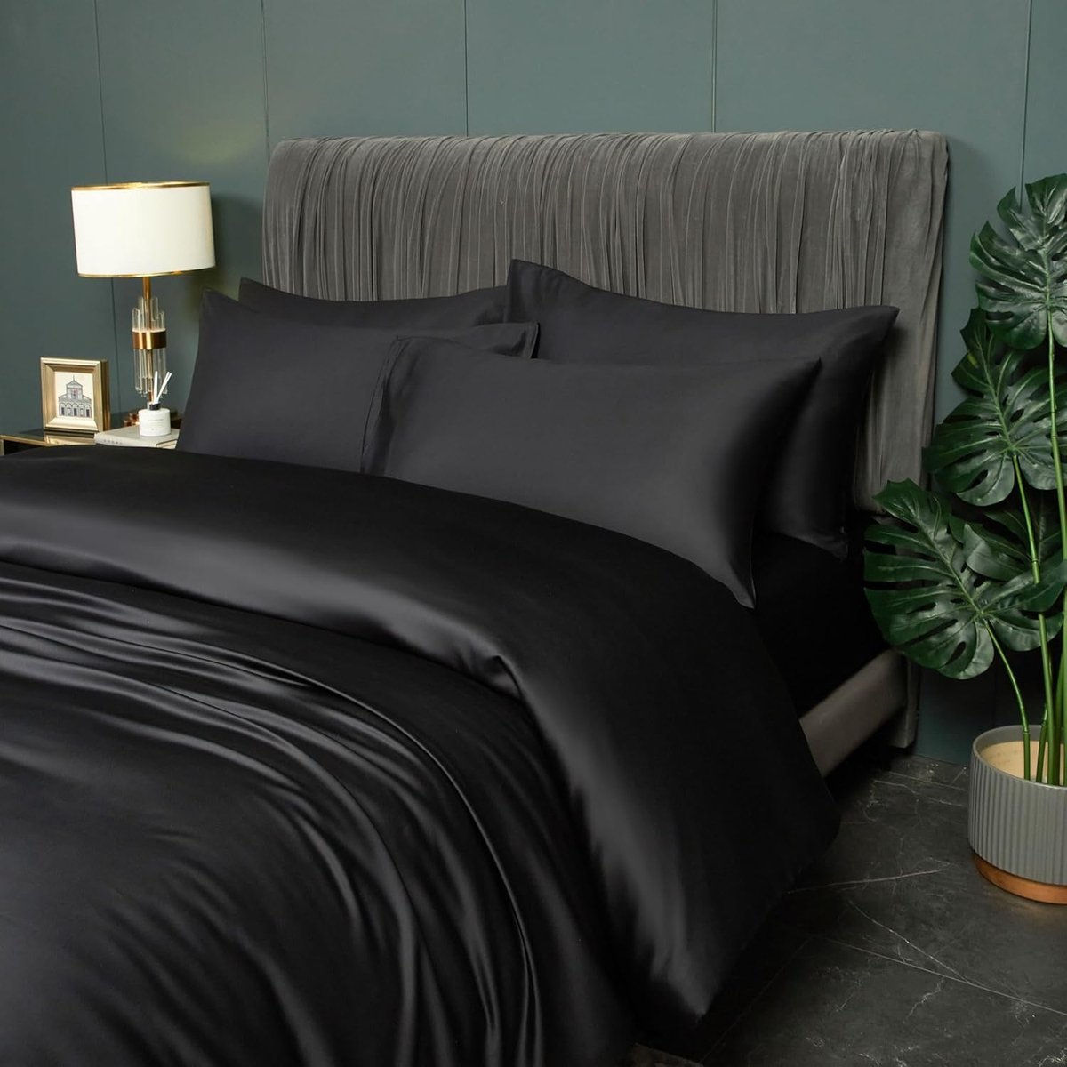SnelShoppen - Bamboe Beddengoed Zwart 135x200 cm - Luxe Ademend Verkoelend Dekbedovertrek met Ritssluiting en Kussensloop 80x80 cm - Modern Zomerbedde