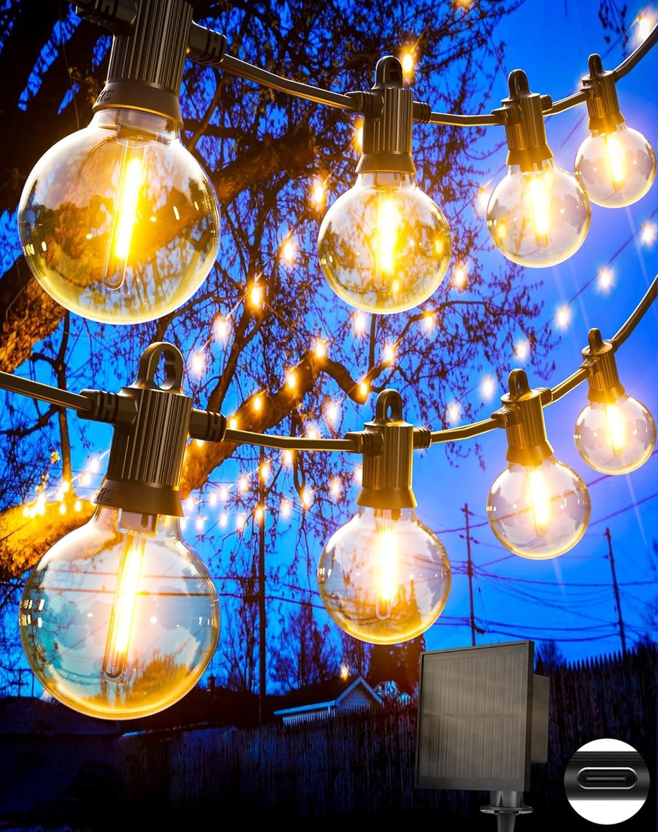 SnelShoppen - Lichtsnoer op Zonne-energie voor Buiten, 9,5 m, IP65 Waterdicht met 15 + 1 G40 LED Gloeilampen, 5 Modi, Perfect voor Tuin, Terras, Balko