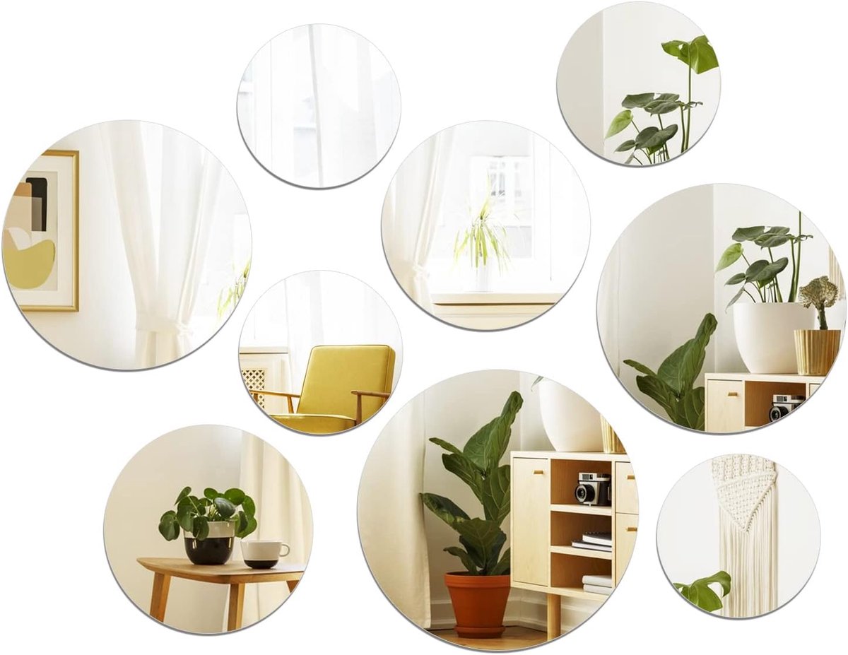 Thijox - 9 Stuks Zelfklevende Ronde Spiegels 2 mm Dikke Acryl Wanddecoratie Muurstickers voor Slaapkamer en Woonkamer, 6-10-15-20 cm