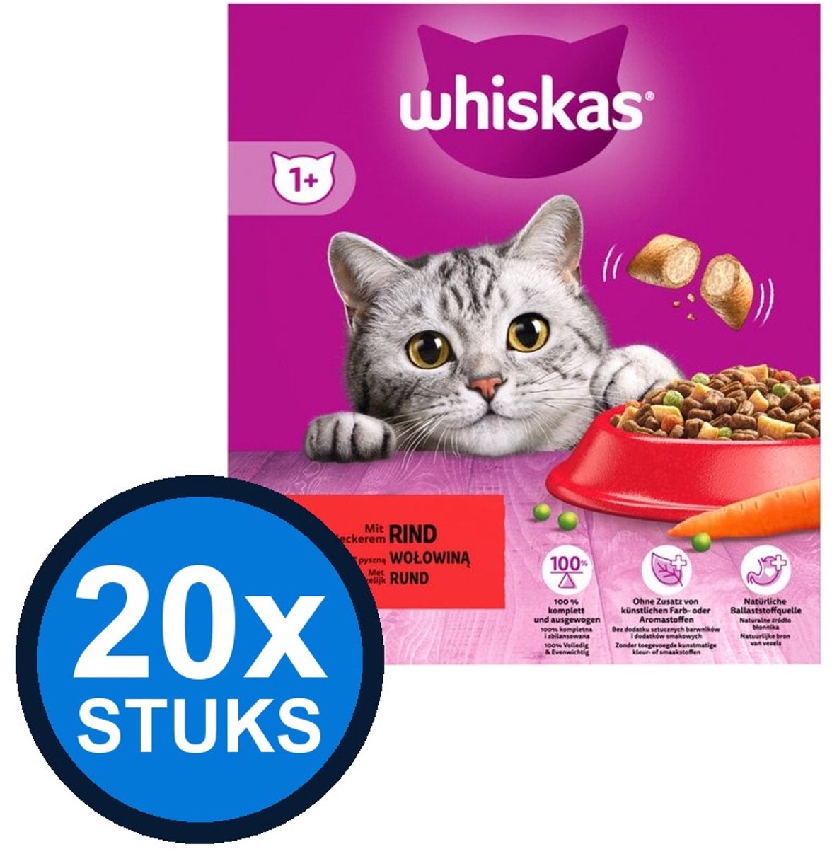 20x Whiskas - 1+ droog adult rund 800gr - Kattenvoer - 800 g