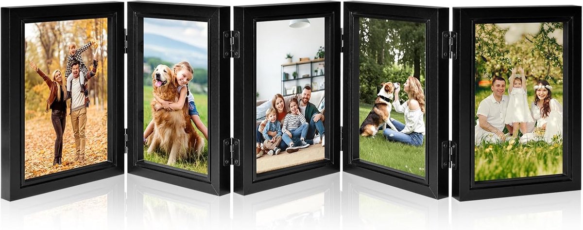 SnelShoppen - Fotolijst voor 5 Foto's 10x15 cm - Inklapbare Zwarte MDF Fotolijst - Verticaal Portretlijst voor Familie, Kantoor, Tafel Decoratie - Per