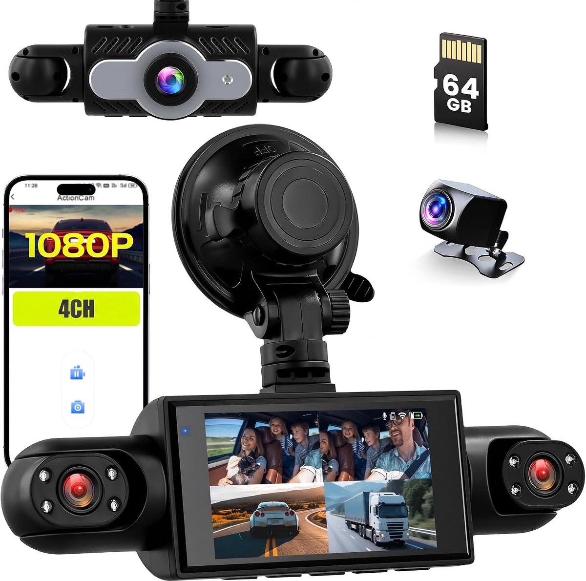 SnelShoppen - 360° Dash Cam 4 Kanalen 1080P Auto Camera met 64G SD-kaart, G-Sensor, Loop Opname, Nachtzicht en Groothoek 150° voor Achter Interieur