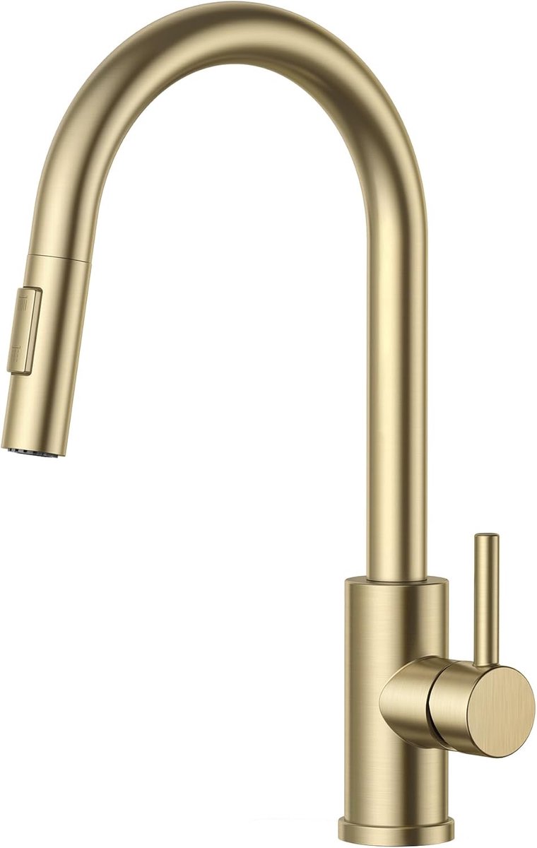 SnelShoppen - Keukenkraan met Uittrekbare Douche, Hoge Druk Mengkraan, 360° Draaibaar, 2 Waterstraaltypen, Hoog Arc, Geborsteld Goud, Keukenaccessoire