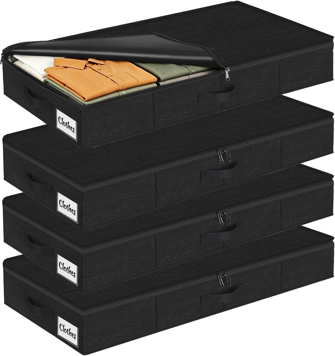 SnelShoppen - Onderbed Opslagdozen met Deksel, 12cm Hoog, 4 Stuks Vouwbare Opbergdozen voor Kleding, Wasbare Organisatie met 3 Handvatten en Rits, Per