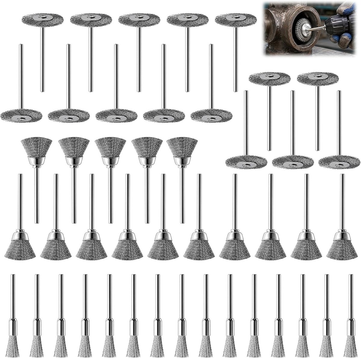 SnelShoppen - 45Pcs Draadborstel Set Mini Staalborstels met 3mm As, Metalen Borstels voor Boormachine, Accuschroevendraaier, Accessoires voor Reinigin