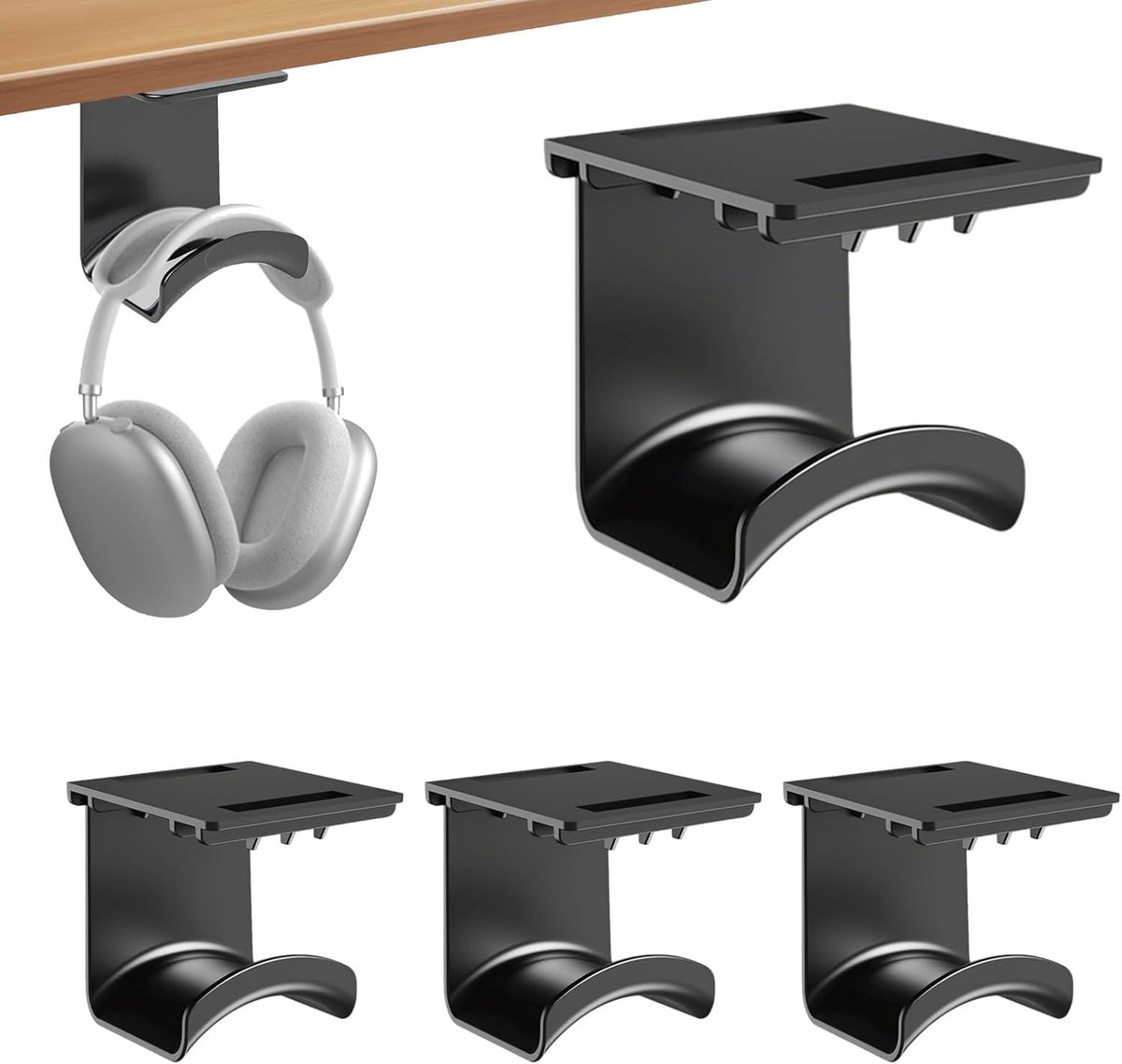 SnelShoppen - 4 Stuks Hoofdtelefoonhouders met Sterk Plakband, Premium Headsethouder Wandhouder TPU, Bureau Muur, Zwart, Ideaal voor Gaming, Thuiswerk