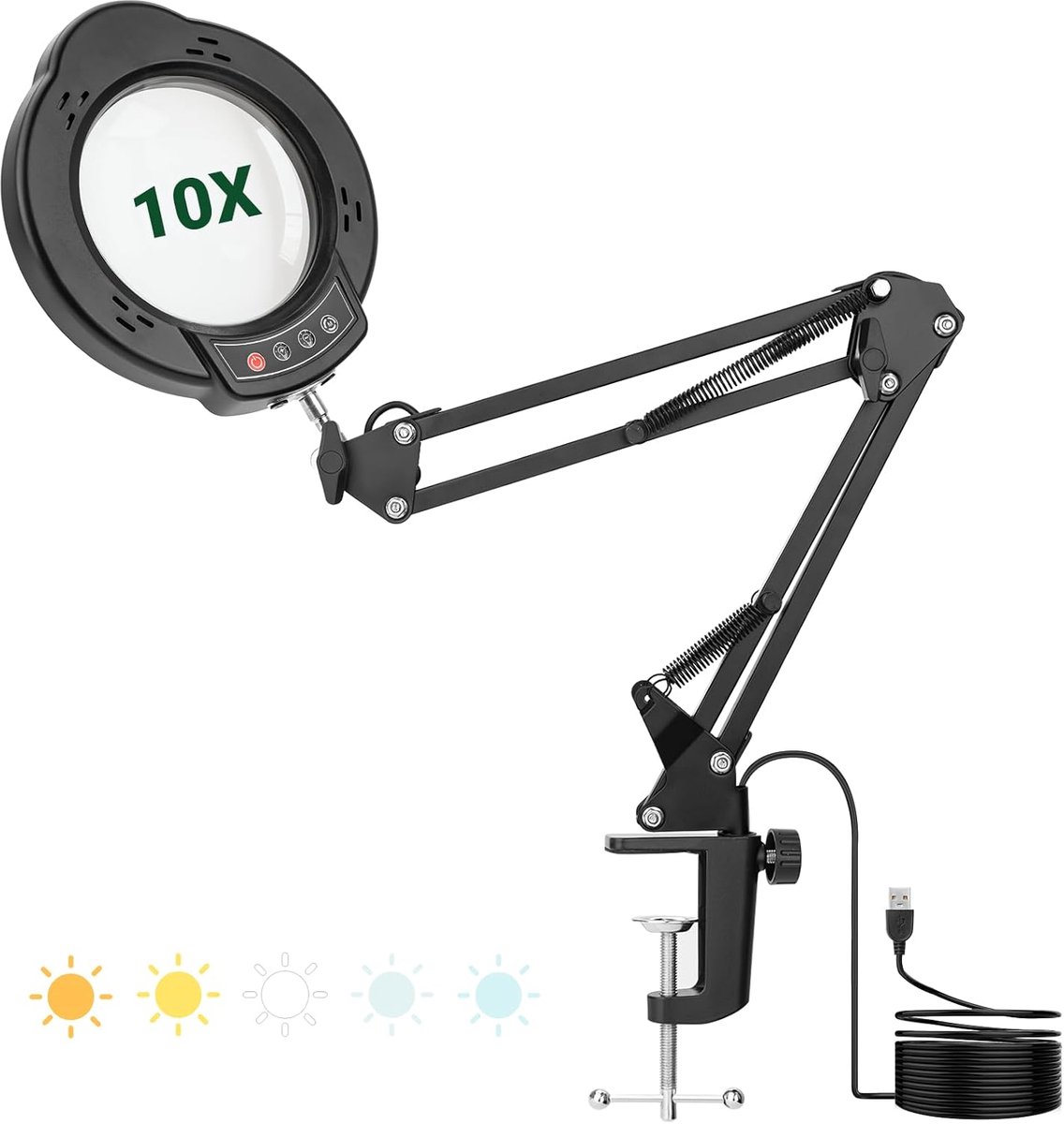 SnelShoppen - Vergrootglas met Licht en Stand, 10x LED Vergrootglas met 22 cm Zwenkarm, 5 Kleuren Modus, 10 Traploze Dimbaar, Klem Vergrootlamp voor S