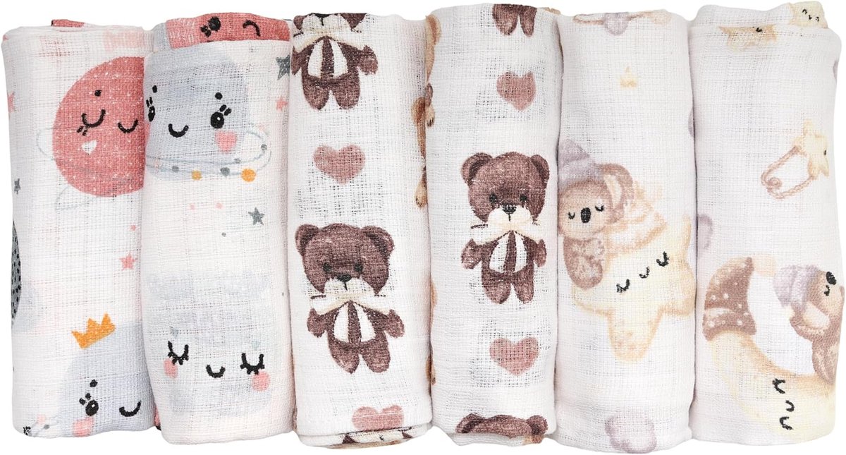 SnelShoppen - Set van 6 Baby Burp Cloths 70 x 80 cm - Muslin Doeken voor Jongens en Meisjes - 100% Katoen - Veelzijdige Luiers voor Borstvoeding, Wikk