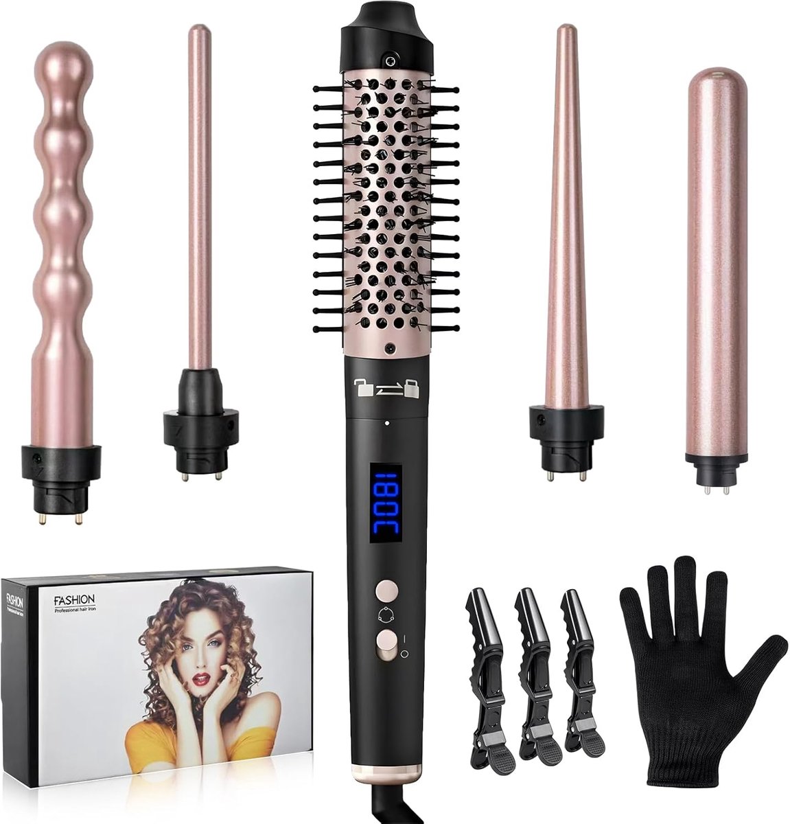 SnelShoppen - Carehabi 5-in-1 Krulstaanset, Keramiek, 9-32 mm, Verschillende Opzetstukken, LCD Temperatuurweergave 160-230 °C, Champagnegoud voor Grot