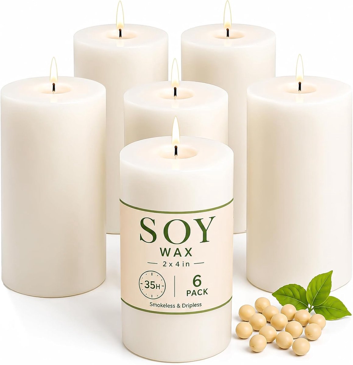 SnelShoppen - Soy Pillar Candles 6 Stuks, Witte Niet-Toxische Geurloze Kaarsen voor Thuisdecoratie | Handgemaakte Soy Kaarsen met 35 Uur Brandduur, Ro