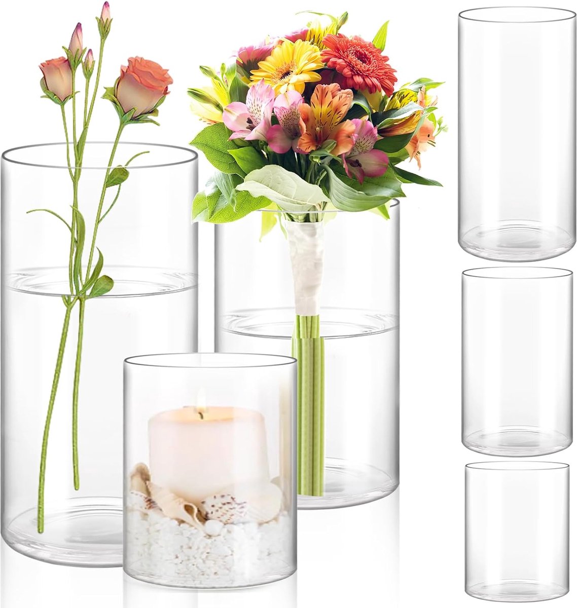 SnelShoppen - 6 Pcs Glass Vase Set - Grote Cilindervazen 10/15/20cm Hoog - Duidelijke Glas Vazen voor Orchideeën, Rozen, Tulpen, Pampasgras - Moderne