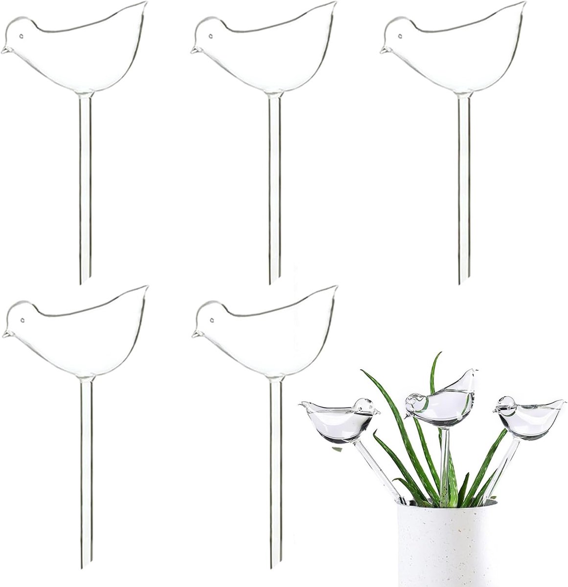 SnelShoppen - 5x Transparante Vogel Watergeefapparaat Automatisch Planten Watergeef Systeem voor Binnen en Buiten, 10x25 cm, Duurzaam PVC