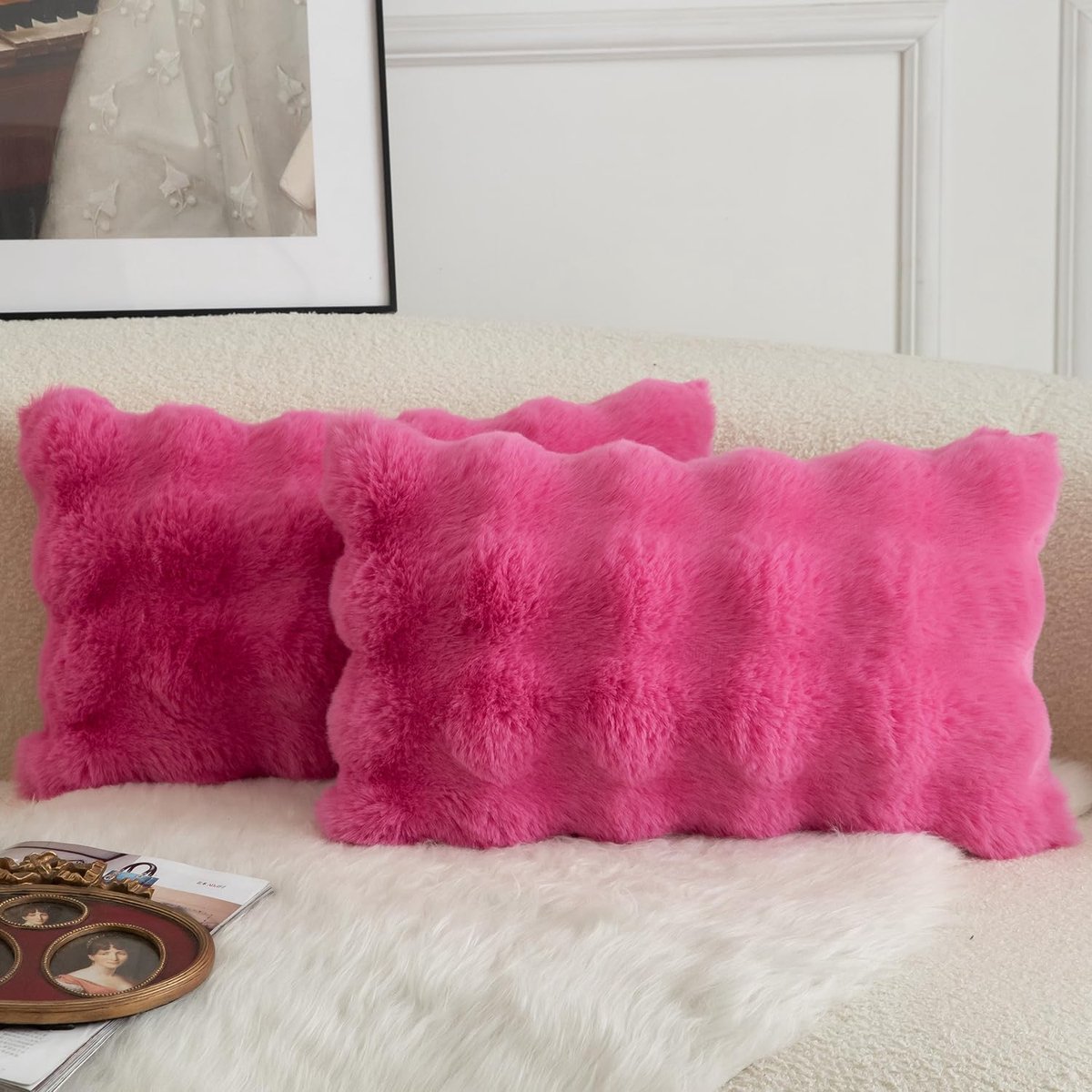 SnelShoppen - Set van 2 Luxe Decoratieve Dikke Wol Kussenhoezen, Super Zachte Golf Bubbel Pluche Wol Kussen voor Bank en Slaapkamer 30 x 50 cm Warm Ro